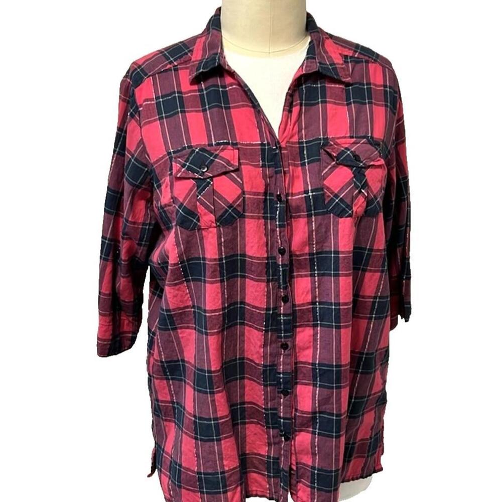 Company One Women's 2X Flannel Shirt Pink Plaid Button Down